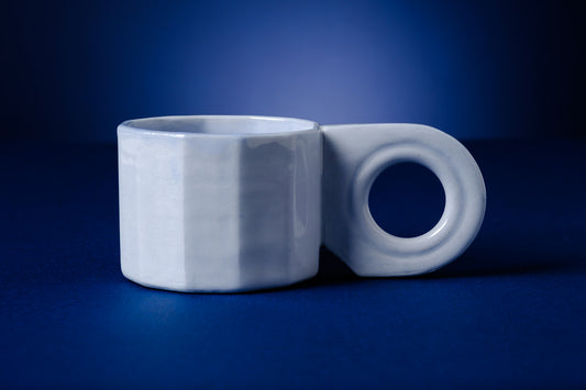 Low ABS Mug - ABS Objects - Modern Handmade Judaica from the Holy Land. Two white ceramic cups on a blue background