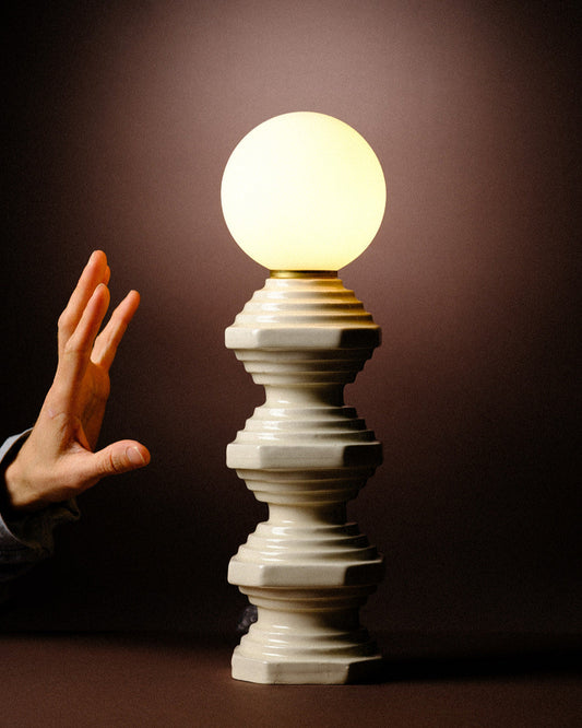 Table Lamp by ABS Objects - Handmade Judaica from the Holy Land. Handmade ceramic table lamp in white stoneware with minimalist architectural design. Tall and elegant lighting object crafted in Tel Aviv, ideal for modern interiors, living rooms, bedrooms, and quiet home decor.